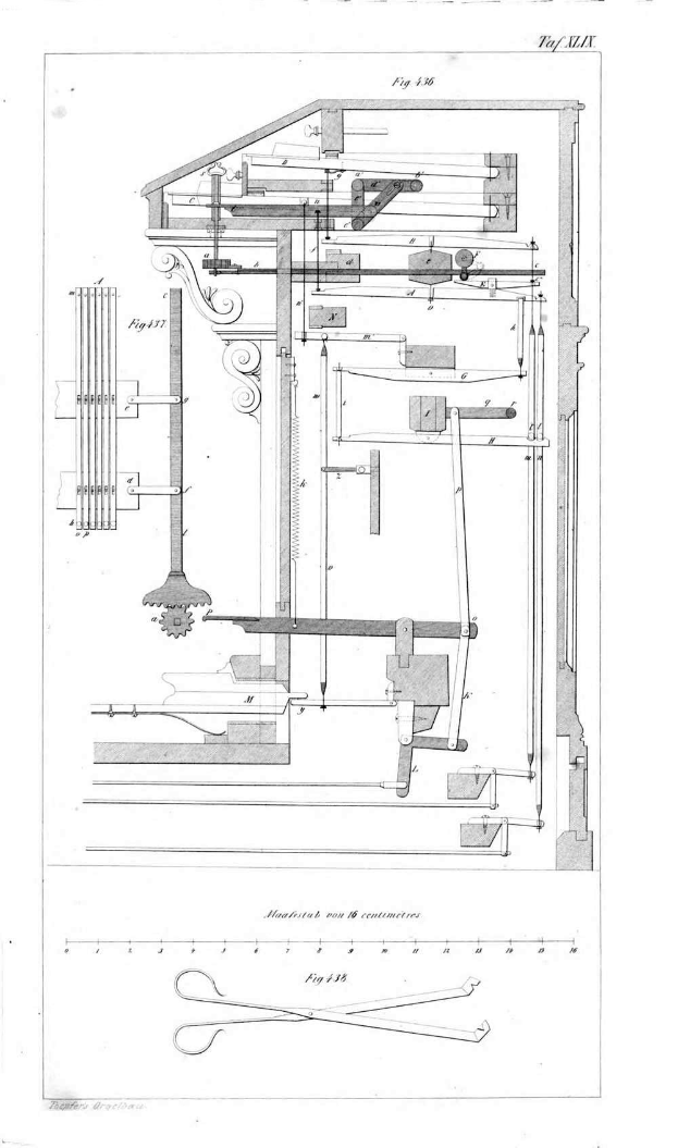 Ein detailliertes Bild einer 18. Jahrhundert-Maschine mit einem Uhrmechanismus, begleitet von handgeschriebenem Text und numerischen Anmerkungen auf demselben Blatt Papier.