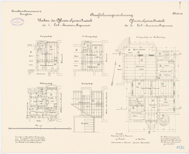 Schwarzer und weißer Grundriss des ehemaligen Bundeskanzleramts, zeigt detaillierte Layout mit beschrifteten Räumen und strukturellen Elementen.