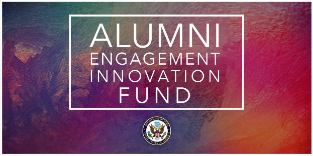 Logo für den Alumni Engagement Innovation Fund auf einem lebendigen, farbenfrohen Hintergrund mit dem Text "Alumni Engagement Innovation Fund" darum.