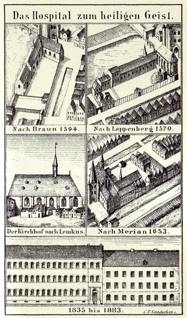 Eine detaillierte Plakatillustration eines deutschen Krankenhauses mit Gebäuden, die Fenster, Türen und Balkone aufweisen, begleitet von Text, der seine Größe, seinen Standort und seine Merkmale beschreibt.