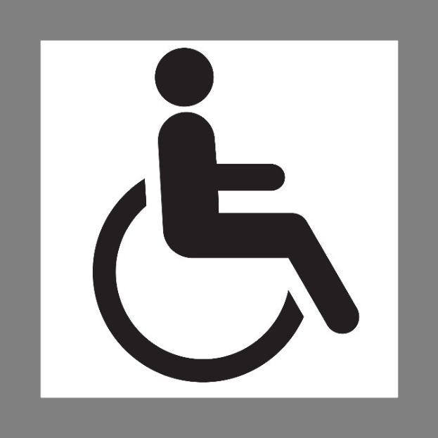 Schwarzes und weißes Barrierefreiheitssymbol mit einer Person im Rollstuhl auf grauem Hintergrund.