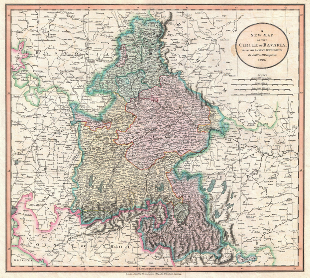 Plakat eines gerahmten Bayern-Karten-Posters mit sichtbaren Nachbarländern Deutschlands und Österreichs.