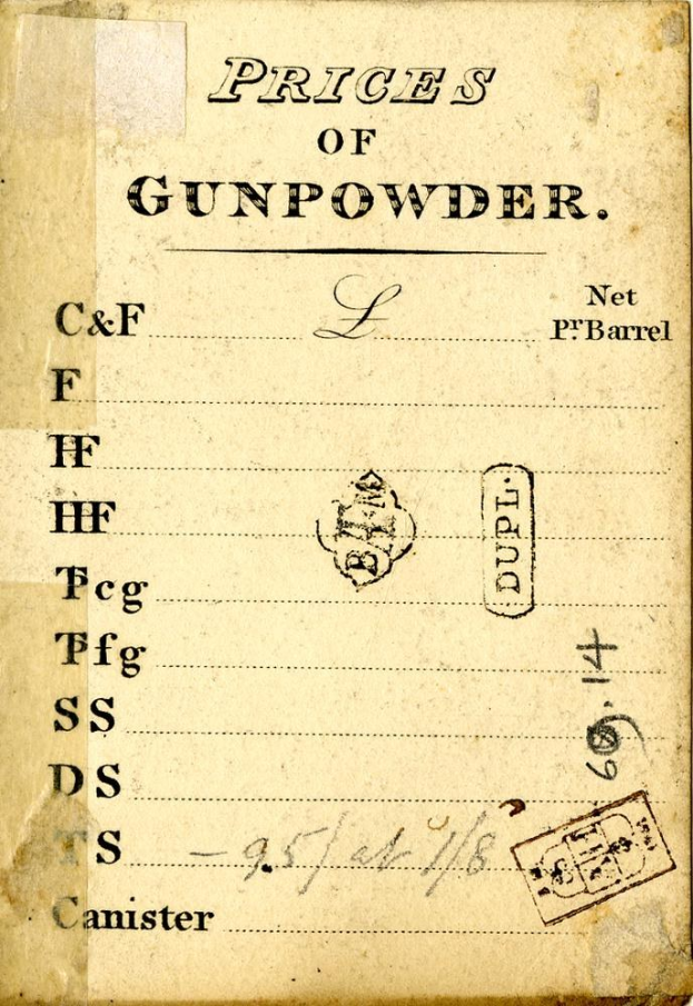 Altes Buch mit dem Titel "Preise für Schießpulver" mit sichtbarem Text und einem Stempel.