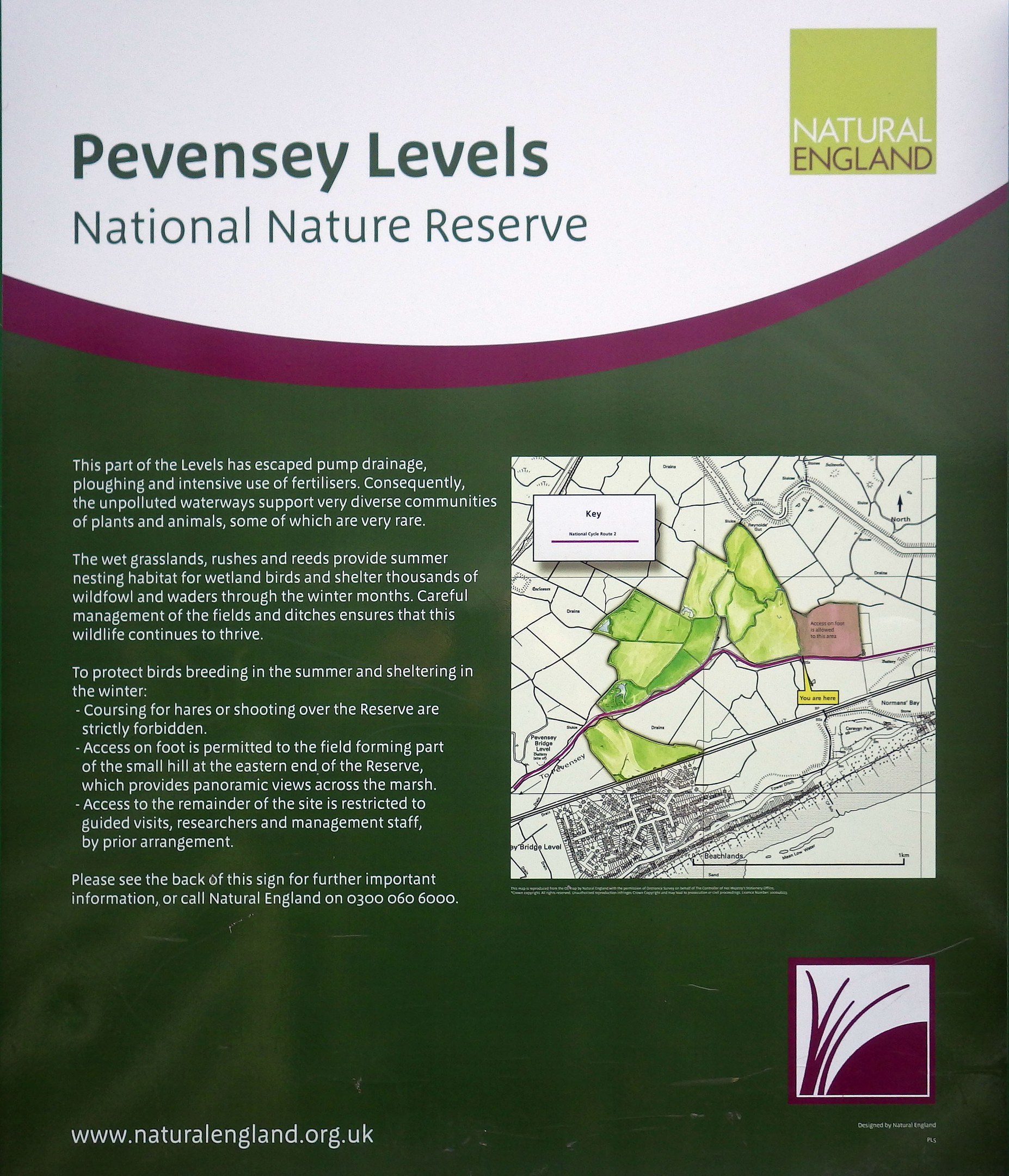 Plakat mit Text und einer Karte des Nationalen Naturreservats Pevensey Levels