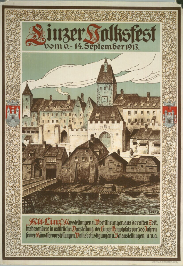 Alte Werbeplakat für ein Festival in Deutschland, das eine Illustration einer Burg zeigt, die von Häusern umgeben ist, mit Text, der Details zum Festival angibt.