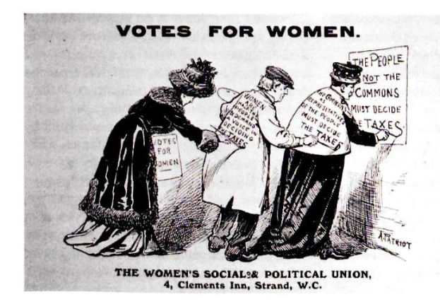 Cartoon von drei Frauen in traditioneller Kleidung mit einem Schild, auf dem "Women's Suffrage: Women's Social & Political Union" steht, mit entschlossener Miene vor einem hellblauen Himmel mit weißen Wolken.