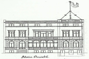 Eine Zeichnung eines mehrstöckigen Gebäudes mit einer Fahne oben drauf, das eine Treppe zum Eingang und mehrere Fenster hat, mit Text unten.