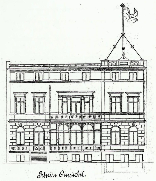 Eine Zeichnung eines mehrstöckigen Gebäudes mit einer Fahne oben drauf, das eine Treppe zum Eingang und mehrere Fenster hat, mit Text unten.