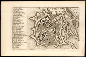 Ein altes Stadtplan von München, Deutschland, auf einem schwarzen Hintergrund, detailliert Straßen, Gebäude und Sehenswürdigkeiten mit beschriftetem Text.
