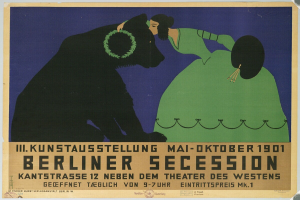 Ein Plakat für die Berliner Secession mit einer Frau in einem grünen Kleid und einem Mann in einem schwarzen Anzug, mit Text, der das Ereignis beschreibt.