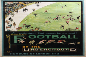 Ein Vintage-Plakat, das eine Menge Menschen bei einem Fußballspiel in einem Stadion zeigt, mit der Aufschrift 'Fußball von der U-Bahn - Londoner Humor Nr. 3' oben.