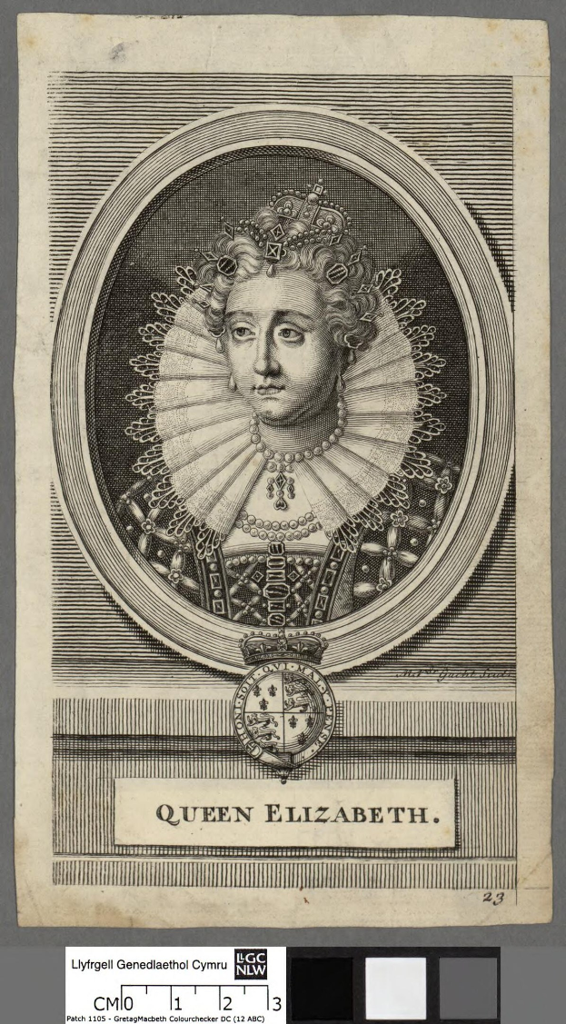 Porträt der Queen Elizabeth I. von England in königlicher Kleidung, einschließlich einer Krone und Tiara, mit ihrem Haar in einem Dutt und einem würdevollen Gesichtsausdruck, vor grauem Hintergrund mit Text unten.