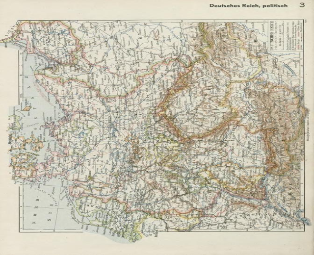 Eine Karte von Deutschland aus dem 19. Jahrhundert, die die politischen Teilungen des Landes zeigt, gedruckt auf altem Papier mit Text über und unter der Karte.