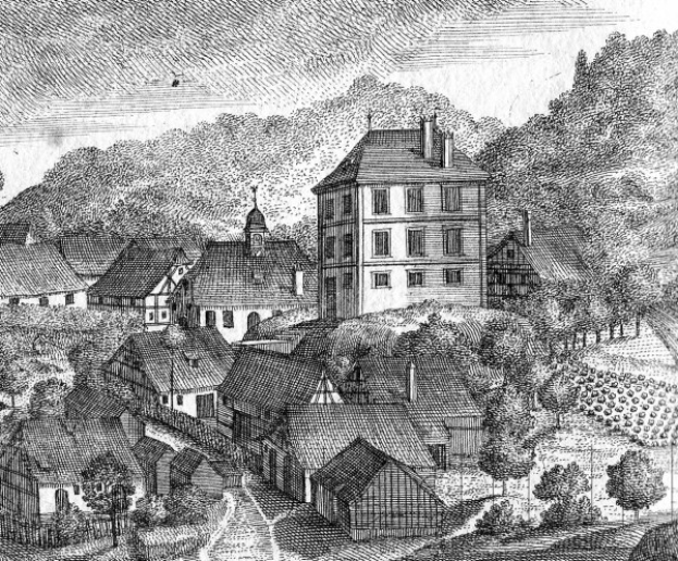 Eine Schwarz-Weiß-Zeichnung einer kleinen Stadt in Bayern im 19. Jahrhundert, die eine zentrale Kirche, umgebende Häuser, Bäume und einen Himmel mit Text am unteren Rand zeigt, der 'Bayern im 19. Jahrhundert' lautet.