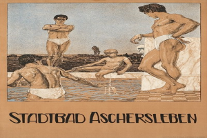 Ein Plakat für ein Schwimmbad in Aschersleben, Deutschland, das Menschen im Wasser zeigt, wobei einer sitzt, und Text, der Pool-Informationen bereitstellt.