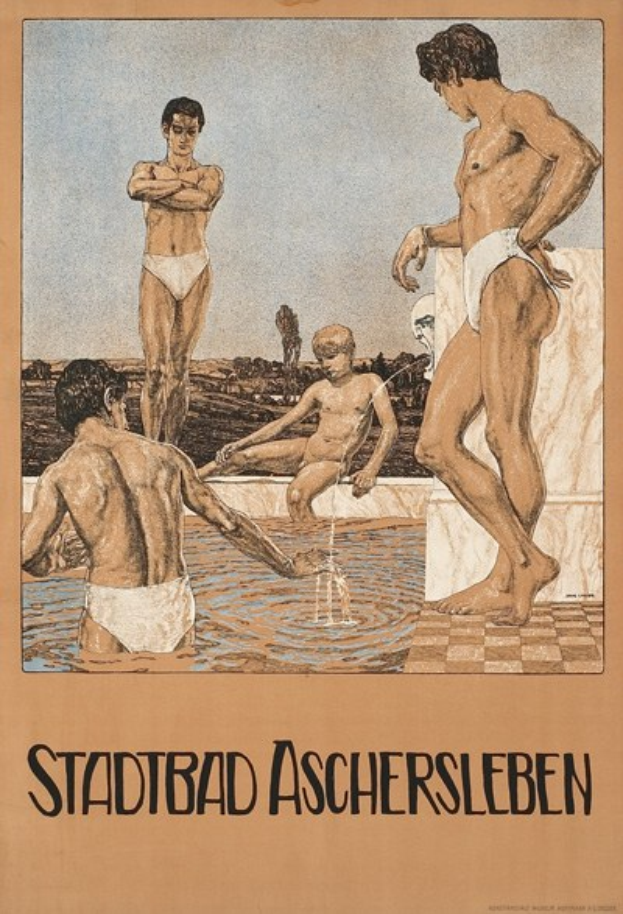 Ein Plakat für ein Schwimmbad in Aschersleben, Deutschland, das Menschen im Wasser zeigt, wobei einer sitzt, und Text, der Pool-Informationen bereitstellt.
