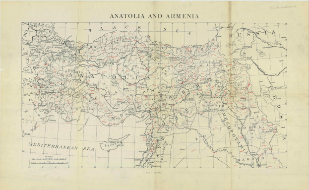Eine detaillierte Karte von Anatolien und Armenien auf Papier, versehen mit Text und geografischen Merkmalen wie Flüssen, Bergen und Städten.