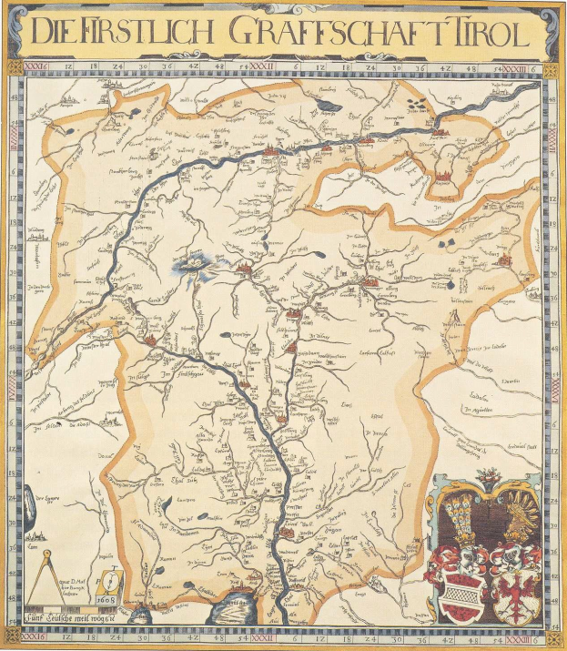 Ein detailliertes historisches Plakat der ersten Grafschaft Tirol, das eine Karte mit geografischen Merkmalen wie Flüssen, Bergen und Städten zeigt und von Text über die Region und ihre Bewohner begleitet wird.