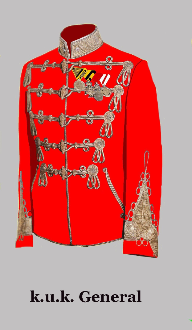 Eine rote Militärajacke mit goldener Stickerei, präsentiert mit Text unten.
