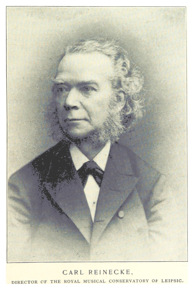 Schwarzes und weißes Porträt von Carl Reinecke, Direktor des Königlichen Musik-Konservatoriums Leipzig, in einem Anzug, mit Text unten.