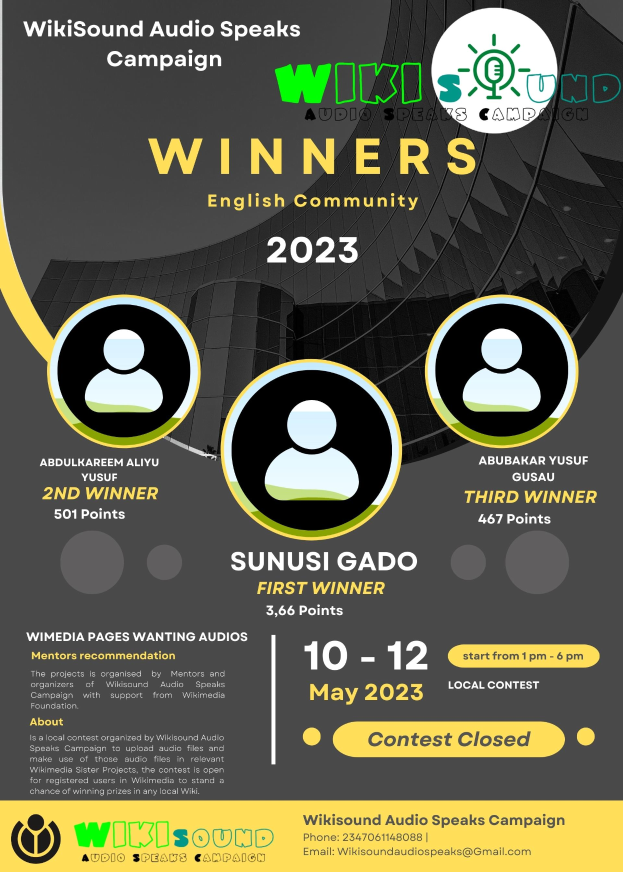 Ein buntes Plakat mit einem blauen Hintergrund und gelben und weißen Buchstaben, die "Gewinner" in fetter Schrift lesen, mit lachenden Menschen in der Mitte.