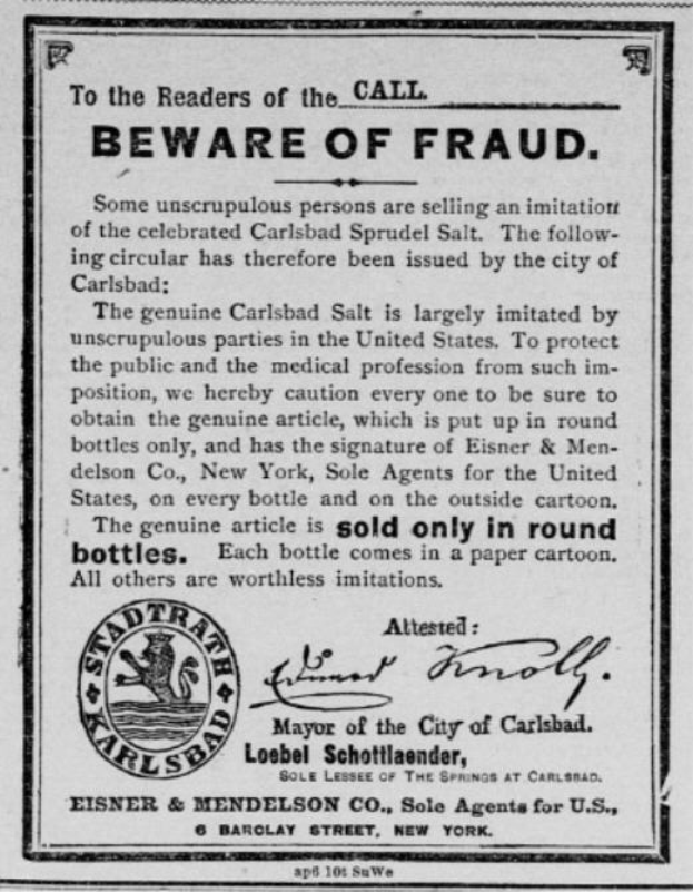 Ein schwarz-weißes Plakat mit einer Betrugswarnung, das den Text "Carlsbad Spruud Salt" und ein Firmenlogo enthält.
