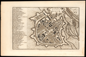 Detailierte alte Karte von München, Deutschland, mit Straßen, Gebäuden und Landmarken auf einem schwarzen Hintergrund, begleitet von Textbeschriftungen.