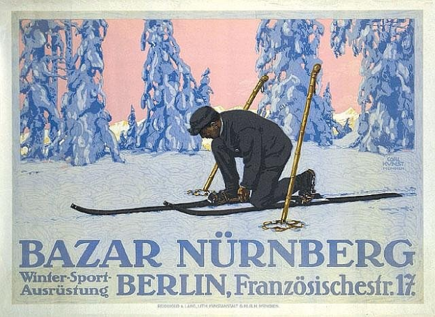 Plakat zum Bazar Nürnberg Winter Sport in Berlin, Deutschland, mit einer Person beim Skifahren vor einem Wald und Text auf dem Plakat.