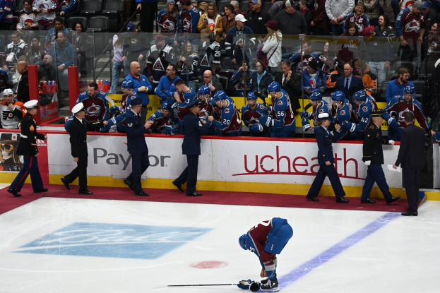 Hockeyspieler auf dem Eis von Fans und Offiziellen umgeben während eines Spiels von Colorado Avalanche gegen San Jose Sharks am 24. März 2015.