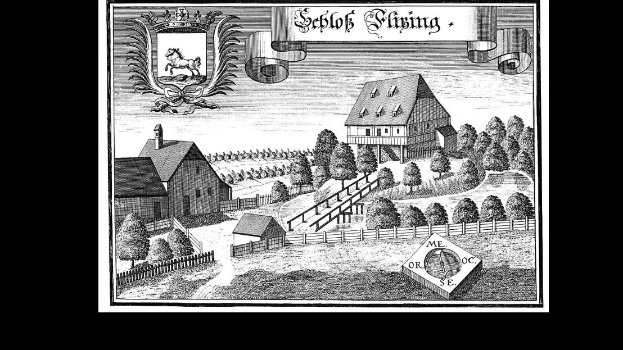 Schwarz-weiß-Zeichnung eines Bauernhofs mit Häusern, Bäumen, einem Zaun, Gras und einem Logo mit einem Pferd und der Aufschrift "Seblöf Glising, das erste Haus in Deutschland".