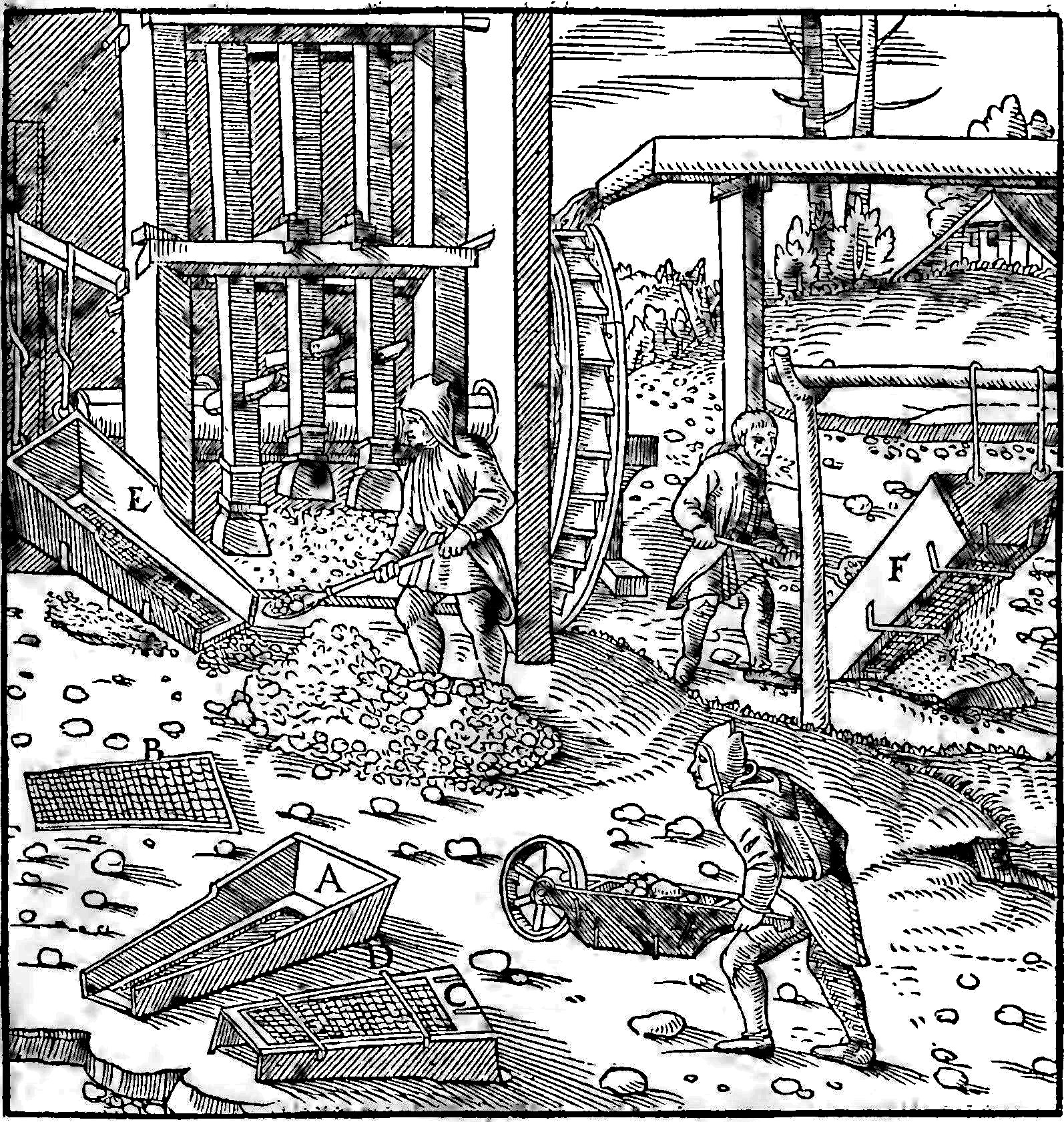 Schwarze und weiße Gravur eines Mannes in langem Mantel und Hut mit Schaufel und Karre in einer 16. Jahrhundert-Garten-Szene mit Werkzeugen und Materialien.