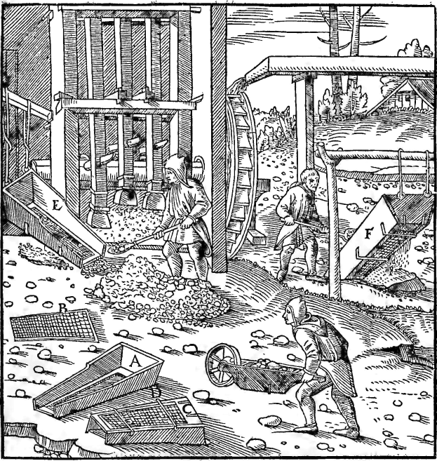 Schwarze und weiße Gravur eines Mannes in langem Mantel und Hut mit Schaufel und Karre in einer 16. Jahrhundert-Garten-Szene mit Werkzeugen und Materialien.