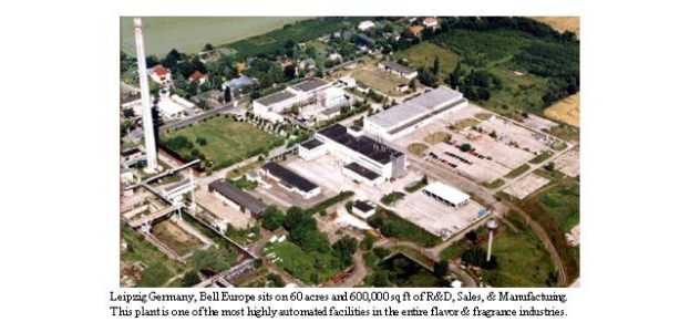Luftaufnahme eines großen Industriegebiets in Leipzig, Deutschland, mit der Beschriftung "Bell Europe".