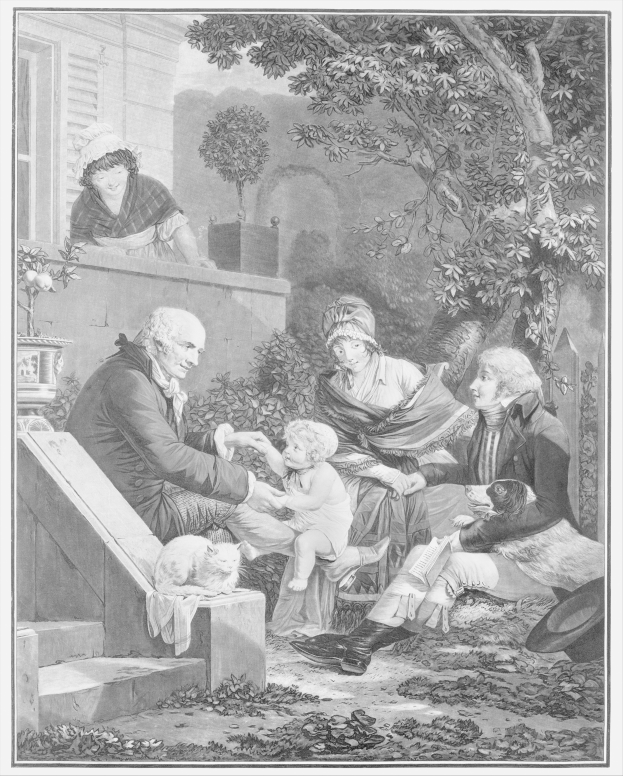 Eine Schwarz-Weiß-Gravur einer Familie, die auf den Stufen eines Hauses sitzt, mit einem Mann, der ein Baby hält, in der Mitte, zwei Frauen und ein Kind auf beiden Seiten, Treppen, die zum Haus führen, Bäume und eine Wand im Hintergrund und Text unten.