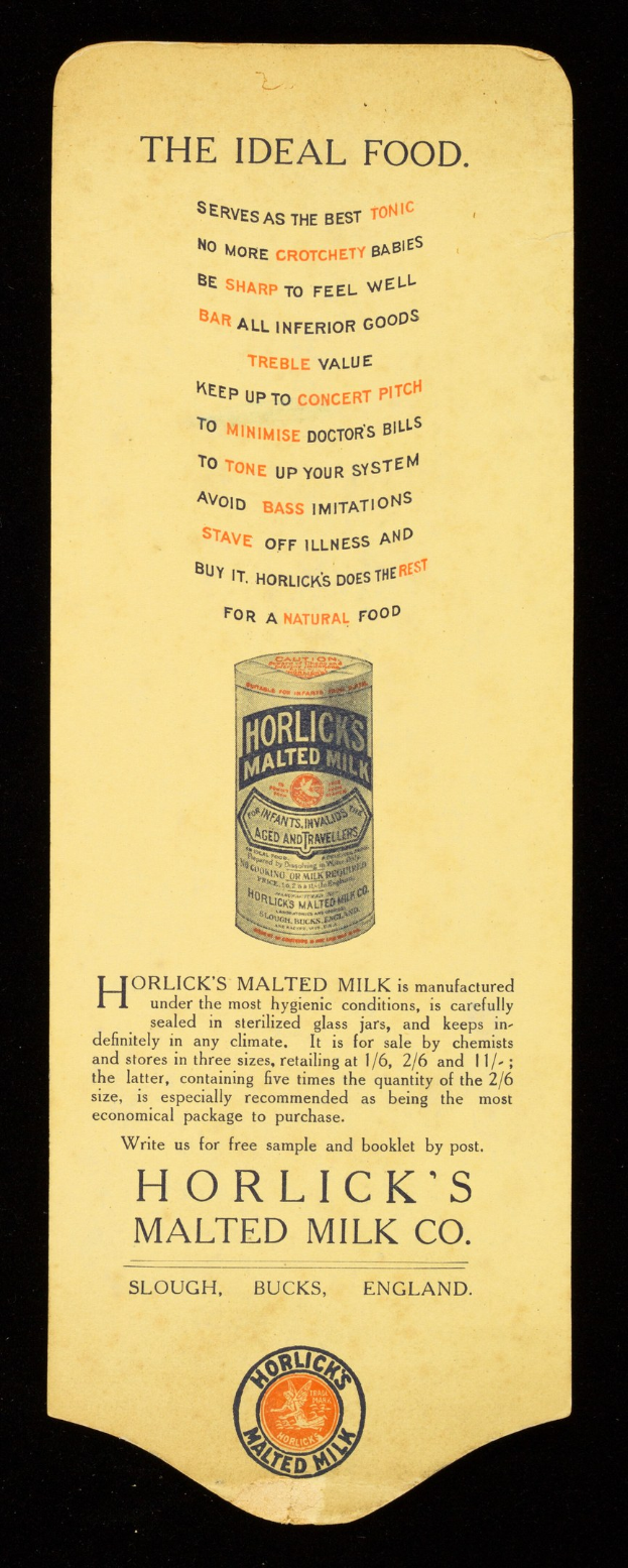 Schwarz-weiß-Anzeige für Horlicks Malted Milk Co. auf altem Papier mit Textbeschreibung des Produkts.