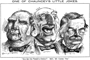 Ein Plakat mit einer Zeichnung von drei lachenden Menschen und dem Text "Einer von Chaunceys kleinen Witzen" oben und unten.