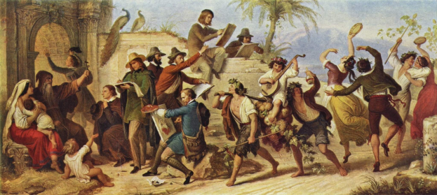 Gemälde mit dem Titel 'Der Tanz des verlorenen Sohns', das eine Gruppe von Menschen zeigt, die vor einem Gebäude tanzen, einige halten Gegenstände in den Händen, mit Bäumen, Vögeln, einer Wand und Himmel im Hintergrund.