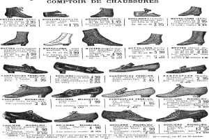 Eine Buchseite mit verschiedenen Frauenschuhen in einzigartigen Designs, Mustern und Preisen, sauber mit Details zu Größe, Form und Farbe angeordnet.