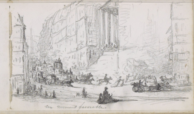 Ein detailliertes Bild einer belebten Stadtstraße mit Menschen, Fahrzeugen und Gebäuden, geschaffen von Joseph Mallord William Turner, mit Text unten.