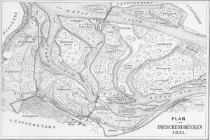 Eine Schwarz-Weiß-Karte der Stadt Zwischenbrücken aus dem Jahr 1821 mit detaillierten Straßen und Textanmerkungen.