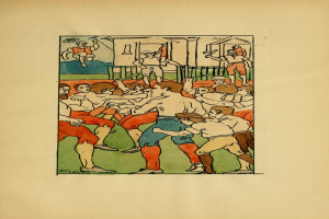 Ein Buchumschlag mit einer Zeichnung von Menschen in Fußballtrikots, die ein Fußballspiel spielen.