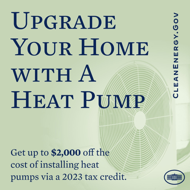 Plakat zur Förderung von Heizpumpen-Upgrades, das ein Bild einer Heizpumpe und den Text "Upgrade Your Home with a Heat Pump" zeigt.