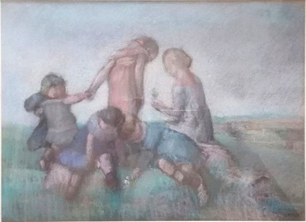 Malerei von Kindern, die auf einem Feld spielen, gerahmt, mit leuchtenden, fröhlichen Farben und spielerischen Ausdruck