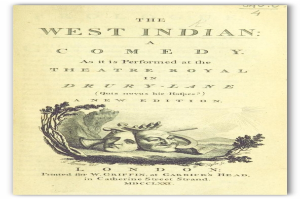 Plakat für 'The West Indian Comedy' im Theatre Royal in Drury Lane, das eine Schwarz-Weiß-Abbildung eines Mannes mit Zylinder und einer Frau in einem langen Kleid zeigt, die beide in die Kamera lächeln und auf den Betrachter schauen, mit der überdimensionalen, weißen Schrift 'The West Indian Comedy'.