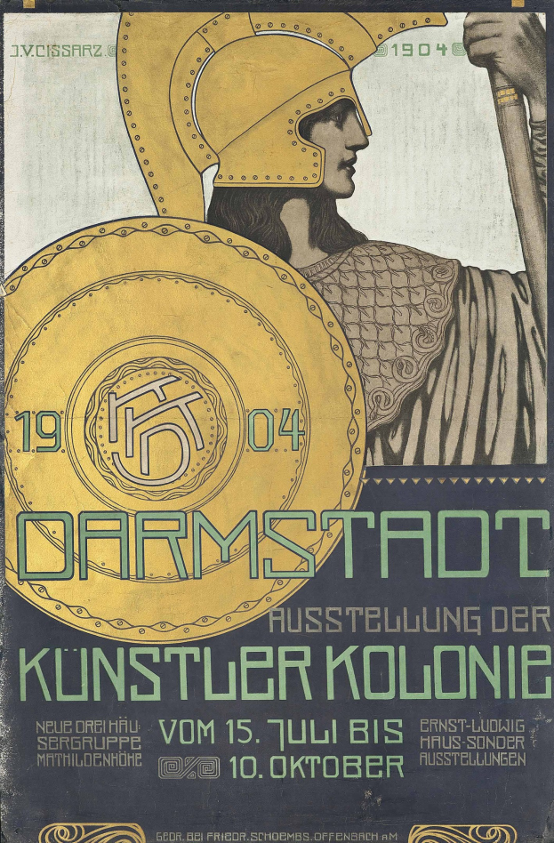 Plakat für ein 1904er Berlin-Konzert mit einem Helmträger, der ein Schild mit 'Darmstadt' und 'Künstler Kolonie' hält
