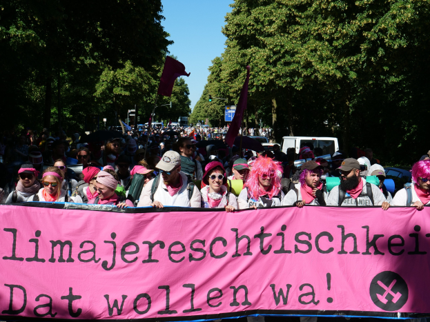Eine Gruppe von Menschen marschiert auf einer Straße, hält ein pinkes Banner mit der Aufschrift "Women's March in Berlin", wobei einige eine Mütze und eine Schutzbrille tragen und andere Fahnen halten, vor einem Hintergrund aus Bäumen, Fahrzeugen und Himmel.