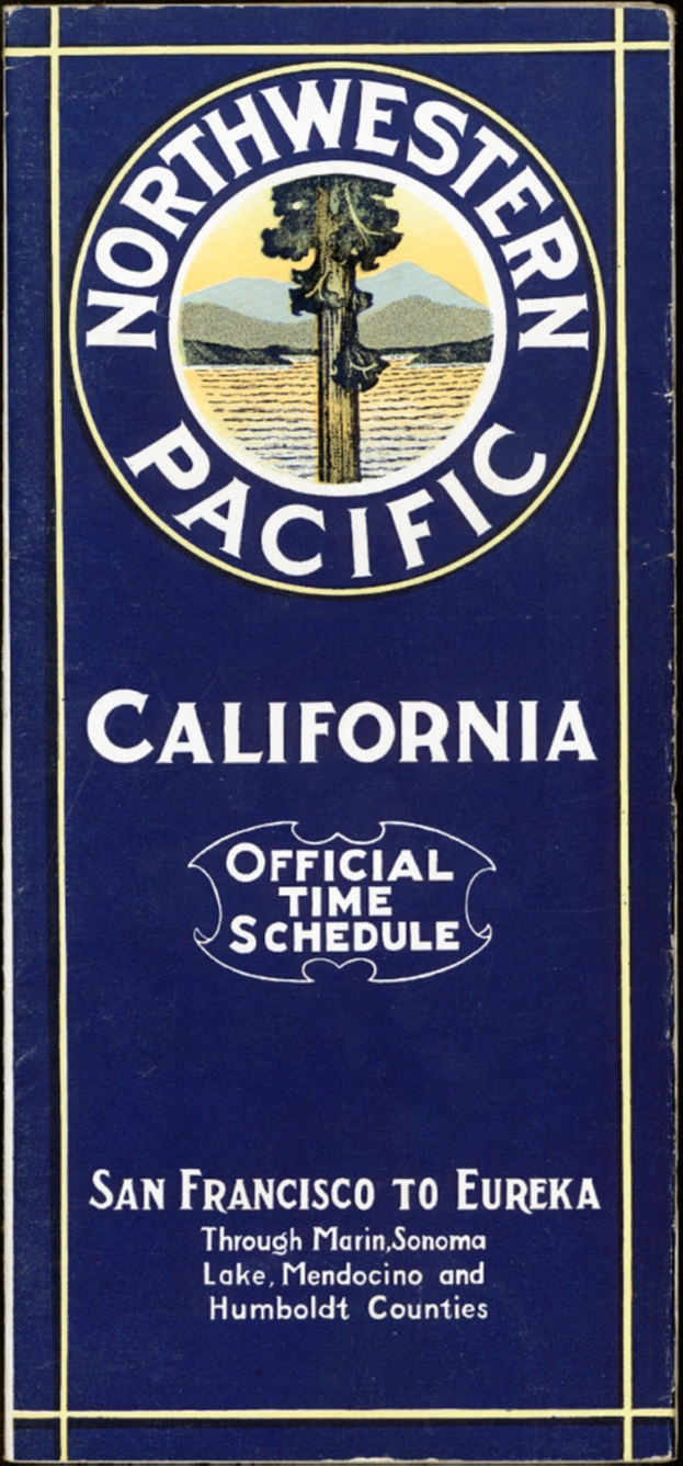 Plakat mit schwarzem Hintergrund, das "Northwestern Pacific California Official Time Schedule" in Text anzeigt.