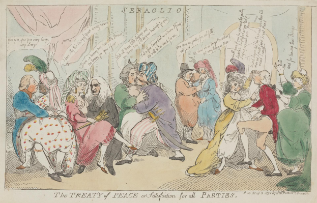 Ein Blatt Papier mit einer Zeichnung von sitzenden und stehenden Menschen, die "Den Friedensvertrag für alle Parteien" diskutieren.