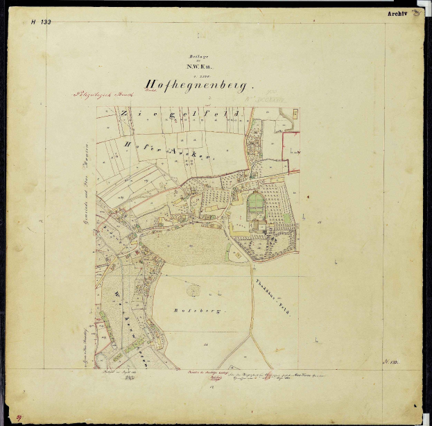 Alte Karte von Hofhegenberg, Deutschland, mit schwarzem Rand, die Straßen, Gebäude und Sehenswürdigkeiten zeigt.