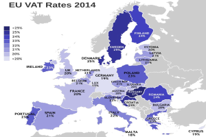 Eine Europakarte, die die EU-Mehrwertsteuersätze für 2014 mit Prozentangaben und Text anzeigt.